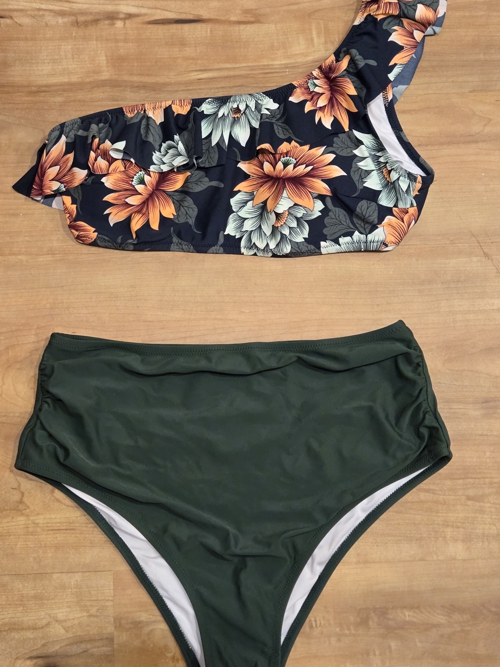 Cupshe One-Shoulder Floral Ruffle Bikini Top with Olive High-Waist Bottom